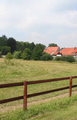 Kloster Loccum Kloster Loccum mit rotem Ziegeldach und Kirchturm inmitten grüner Wiesen und bewaldeter Hügel.