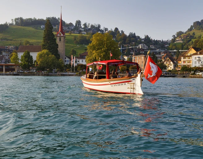 Quatagis boat Das Fahrgast-Schiff Quatagis fährt vor WeggisThe passenger boat Quatagis sails off WeggisLe bateau de passagers Quatagis navigue devant Weggis