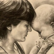 Bild3.jpg Eine zärtliche Bleistiftzeichnung eines Kopf-an-Kopf-Moments zwischen einer Frau und einem Baby.