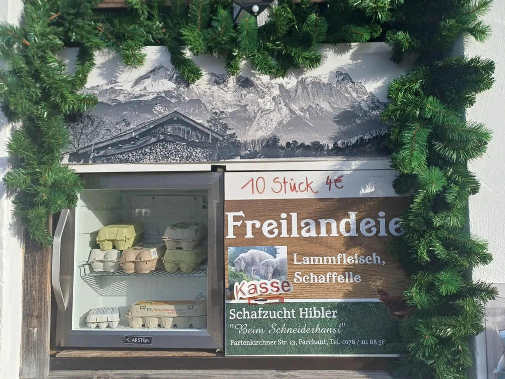 Eierfenster Farchant Fenster mit grüner Tannenzweiggirlande. Im Fenster Eierschachteln und Plakat 10 Stück Freilandeier 4.-- Euro, Lammfleisch, Schafteile, Schafzucht Hibler sowie Schlitz mit Aufschrift  Kasse
