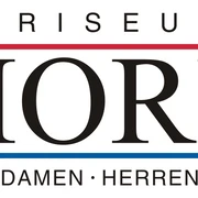 Horl Logo Logo von Friseur Horl mit stilvoller Schrift für Damen und Herren, eingerahmt von roten und blauen Linien.