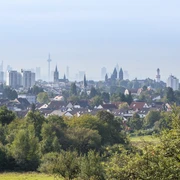 Blick aus dem Kirdorfer Feld auf Bad Homburg und die Frankfurter Skyline