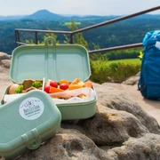 BrotZeit auf dem Zirkelstein Wanderausblick auf Felsen mit Brotbox und Rucksack; malerische Landschaft der Sächsischen Schweiz.
