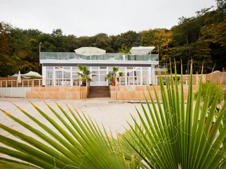 23__sommerfest1.jpg Modernes Strandrestaurant mit Terrasse, umgeben von Palmen und herbstlichen Bäumen im Hintergrund.</p>Modern beach restaurant with terrace, surrounded by palm trees and autumnal trees in the background.</p> <p