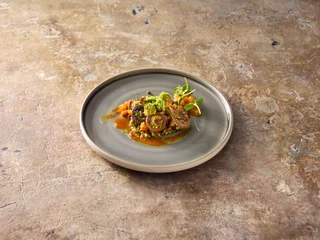 Food1 Elegantes Gericht aus Kalbsfleisch, Gemüse und grünen Kräutern auf grauem, rustikalem Tisch.</p>Elegant dish of veal, vegetables and green herbs on a gray, rustic table.</p> <p