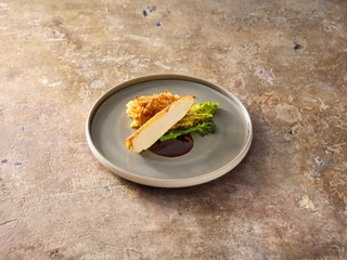 Food2 Gebratenes Hähnchenbrustfilet mit knuspriger Kruste, serviert auf Wirsingblatt und Sauce auf grauem Teller.Fried chicken breast fillet with a crispy crust, served on a savoy cabbage leaf and sauce on a gray plate.