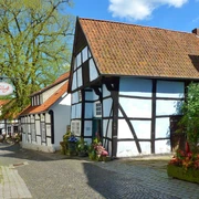 Tecklenburger Bergpfad_Tecklenburger Land Tourismus_3000.jpg Fachwerkhäuser in einer gepflasterten Straße unter blauem Himmel mit Bäumen im Hintergrund.