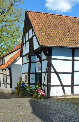 Tecklenburger Bergpfad_Tecklenburger Land Tourismus_3000.jpg Fachwerkhäuser in einer gepflasterten Straße unter blauem Himmel mit Bäumen im Hintergrund.