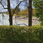 Blick durch Bäume auf eine grüne Kanalstraße mit ruhigem Rundwanderweg im Teutoburger Wald.