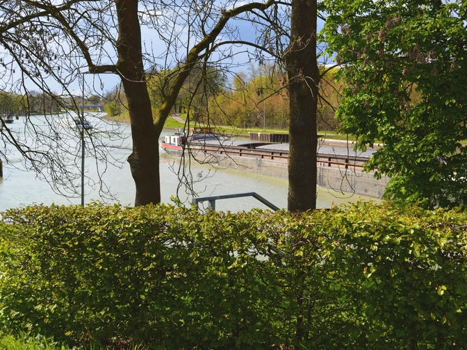Nasses Dreieck_Hörstel_Teutoburger Wald Tourismus_Bohlken_.jpg Blick durch Bäume auf eine grüne Kanalstraße mit ruhigem Rundwanderweg im Teutoburger Wald.