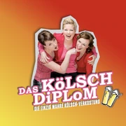 Kölsch Diplom 3er Drei fröhliche Menschen lehnen sich aneinander, lächelnd in roten Outfits.</p>Three cheerful people lean against each other, smiling in red outfits.</p> <p