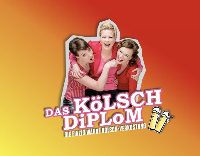 Kölsch Diplom 3er Drei fröhliche Menschen lehnen sich aneinander, lächelnd in roten Outfits.</p>Three cheerful people lean against each other, smiling in red outfits.</p> <p