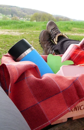 Lienen_Teutoschleife Holperdorper Picknick_Anja Schmidt.jpg Zwei Personen liegen auf einer Wiese, eine Picknickkiste mit Getränken und Decke zwischen ihnen.