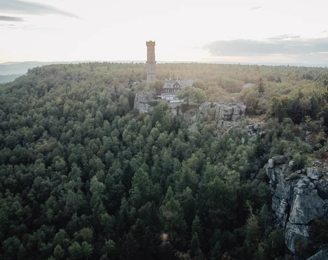 Hoher Schneeberg Ein hoher Turm und ein Gebäude stehen auf einem bewaldeten Hügel, umgeben von dichtem Grün und Felsen, bei sanftem Sonnenlicht.