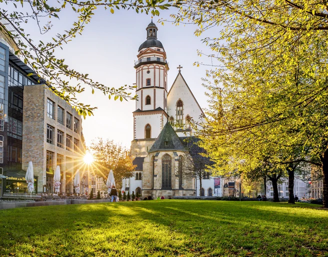 Thomaskirche Leipzig - Musikstadt Leipzig Blick von der grünen Thomaswiese auf die Thomaskirche zum Sonnenuntergang, links davon das Brauhaus an der Thomaskirche und rechts davon Bäume, Musikstadt Leipzig, Sehenswürdigkeiten