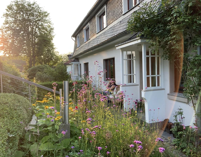 Ferienhaus Brinker Bleide in Velbert-Langenberg Ein Ferienhaus mit üppigem Garten und blühenden Blumen, das Licht der tiefstehenden Sonne scheint durch die Bäume.