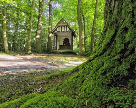 Eine kleine Kapelle steht friedlich im Wald, umgeben von Bäumen und Moosbewuchs im Vordergrund.