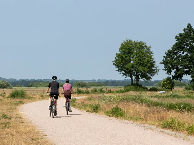 Mit dem Rad durch die Hammeniederung 2 Radelnde fahren durch die Weite der Hammeniederung im Teufelsmoor