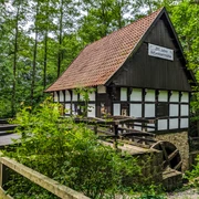 Eine historische Fachwerk-Wassermühle umgeben von üppiger Natur und dichten Bäumen im Museumshof.