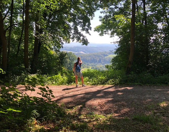 Heldenweg mit Brockenblick Eine Frau blickt in die Ferne auf den Brocken.