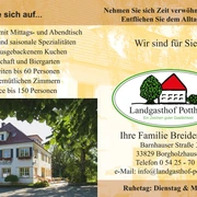 Werbeflyer des Landgasthofs Potthoff mit Bildern des Gebäudes und Informationen zu Angeboten.