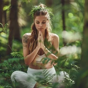 Yoga Eine Frau meditiert im Wald, sitzend im Schneidersitz, umgeben von grüner, dichter Vegetation.