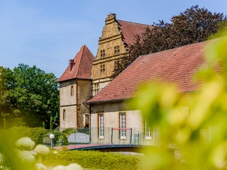 _BBB7000.jpeg Historische Burg mit rotem Ziegeldach umgeben von üppigem Grün, prunkvoller Renaissance-Giebel.