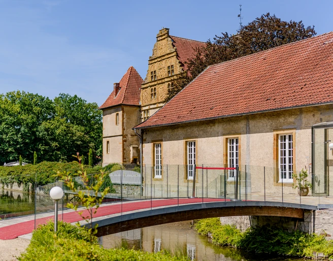 _BBB7013.jpeg Schloss mit rotem Ziegeldach, umgeben von Bäumen und Wassergraben, bei sonnigem Wetter.