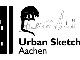UrbanSketchers.jpg Das Logo zeigt eine schwarz-weiße Darstellung der bekanntesten Sehenswürdigkeiten Aachens. Darunter steht der Schriftzug „Urban Sketchers Aachen“.