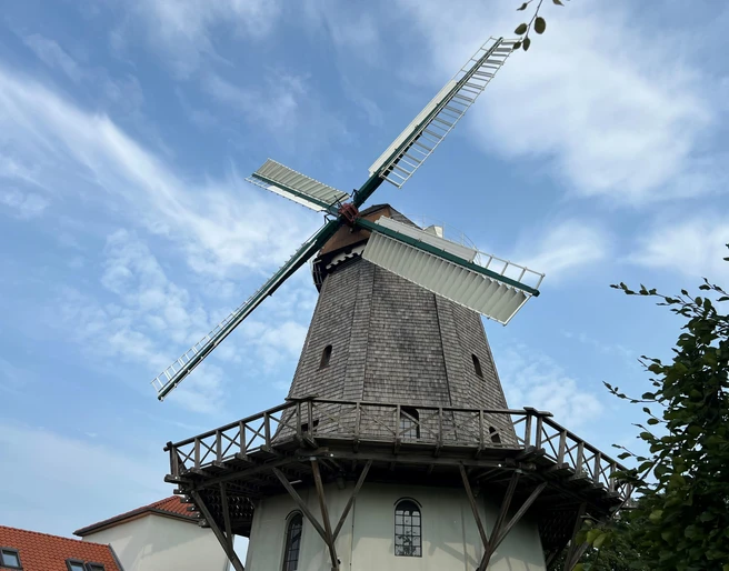Windmühle Holtum (Geest) Historische Windmühle mit hölzernem Rumpf und großen Flügeln unter blauem Himmel, flankiert von Gebäuden.