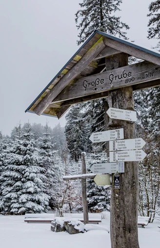 Große Grube mit Wegweisern im Winter Große Grube mit Wegweisern im Winter