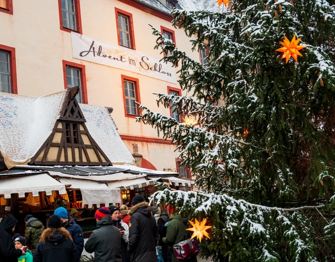 Schloss Trebsen Banner Advent im Schloss.png Man sieht ein Banner an der Hauswand vom Schloss Trebsen auf dem Advent im Schloss steht. im Vordergrund ist ein weihnachtlicher Stand und ein Weihnachtsbaum.