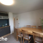 pension_luci_küche1a.jpg Helle Küche mit Esstisch und sechs Stühlen, moderne Ausstattung mit dunklen Schränken und Pflanze.