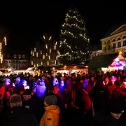 Delitzscher Adventsmarkt Marktplatz Zusehen ist eine Menschengruppe am Abend auf dem Delitzscher Marktplatz. Im Hintergrund sind beleuchtete Nadelbäume und weihnachliche Stände.