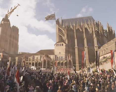 TimeRide VR representation of Cologne Das Bild zeigt eine lebendige historische Szene vor einer großen gotischen Kathedrale, umgeben von Menschenmengen, Fahnen und mittelalterlichen Gebäuden.The picture shows a lively historical scene in front of a large Gothic cathedral, surrounded by crowds of people, flags and medieval buildings.