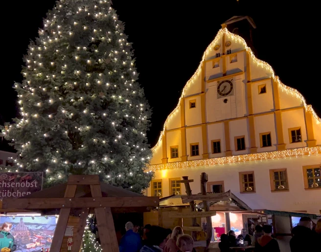 Ein Fest der Sinne - Grimmaer Weihnachtsmarkt  Zu sehen ist das Grimmaer Rathaus weihnachtlich beleuchtet. Im Vordergrund steht ein großer geschmückter Weihnachtsbaum und Stände mit Spezialitäten.