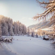 Verschneite Winterlandschaft im Bergdorf Reckingen