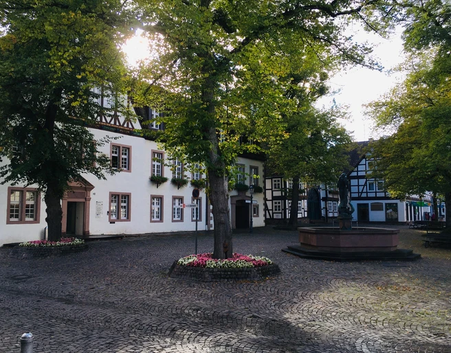 Kellerplatz in Beverungen Der Kellerplatz in Beverungen zeigt ein weißes Rathaus mit Fachwerkgiebel. Ein Brunnen mit St.-Michaelsfigur steht im Mittelpunkt, umgeben von schattenspendenden Bäumen, die dem Platz eine einladende Atmosphäre verleihen. Diese Szene betont die historische und zugleich lebendige Präsenz des Ortes.
