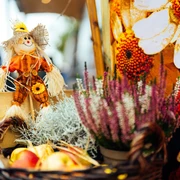 Der Monheimer Martinsmarkt Eine Strohpuppe in farbenfroher Herbstgarderobe steht neben einem Korb voller Äpfel und Heidekraut.