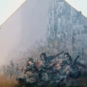 Mural Monumentales Wandgemälde mit kunstvoll gestalteten Figuren in Retro-Uniformen, umgeben von geometrischen Formen.Monumental mural with artistically designed figures in retro uniforms, surrounded by geometric shapes.