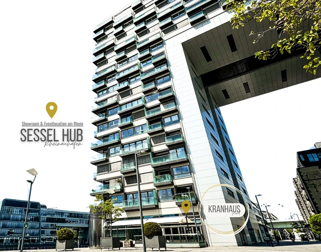 Unser Standort - EG, KRANHAUS NORD, Köln-Rheinauhafen Kranhaus im Kölner Rheinauhafen von Außen, Aufschrift "SesselHub"Crane house in Cologne's Rheinauhafen from the outside, inscription "SesselHub"