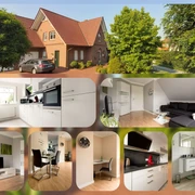 Modernes Backsteinhaus mit rotem Dach und grünen Bäumen, innen helle, stilvolle Einrichtung.