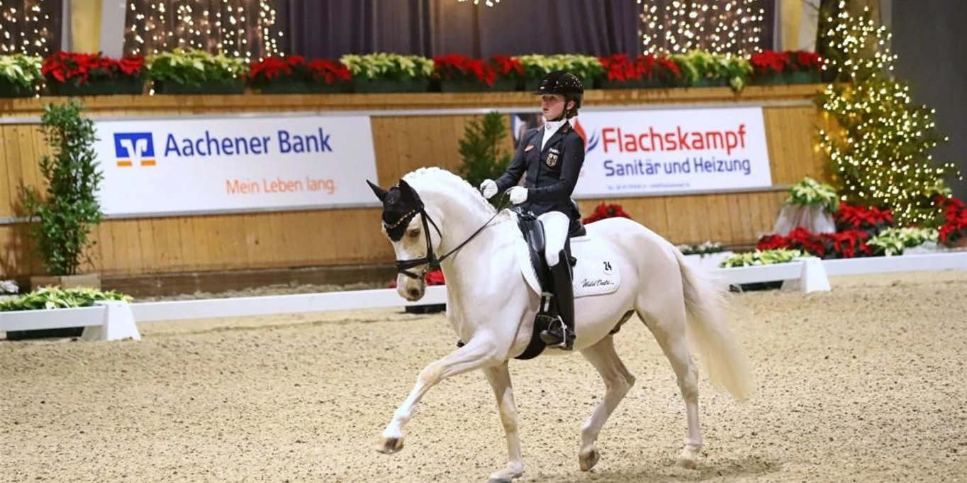 Mädchen reitet auf einem weißen Pferd in einer weihnachtlich geschmückten Reithalle.Girl riding a white horse in an indoor riding arena decorated for Christmas.Une jeune fille chevauche un cheval blanc dans un manège décoré pour Noël.Meisje rijdt op een wit paard in een overdekte rijhal versierd voor Kerstmis.