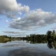 Wolken spiegeln sich im ruhigen Wasser eines Sees, umgeben von Wald; friedliche Atmosphäre.