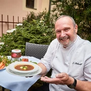 Sauerbraten soup with root vegetables and small potato dumplings, Sven Petzold, Head Chef  Sauerbratensuppe mit Wurzelgemüse und kleinen Kartoffelklößen, Sven Petzold, Küchenchef