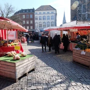 Wochenmarkt am Münsterplatz Besucher*innen auf einem lebhaften Wochenmarkt, eingerahmt von bunten Marktständen, vor historischer Kulisse.