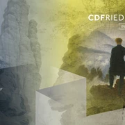 CDFriedrich inspiriert Mann in dunklem Mantel steht auf Felsen und blickt in neblige Landschaft; Text: "CDFRIEDRICH inspiriert" und "Eine virtuelle Begegnung mit dem Maler in der Sächsischen Schweiz".