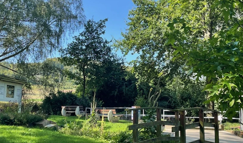 Godelheim-Tretbeckenanlage_schattiges Plätzchen.jpg Grünanlage mit kleiner Brücke