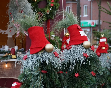 Weihnachtswichtel Weihnachtlich geschmückte Tannenzweige mit roten Zipfelmützen und goldenen Kugeln auf dem Markt.