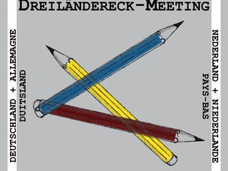 Das Bild zeigt das Logo des Urban Sketchers Dreiländereck-Meetings mit drei gekreuzten Stiften, umgeben von Beschriftungen der teilnehmenden Länder: Deutschland, Niederlande und Belgien.